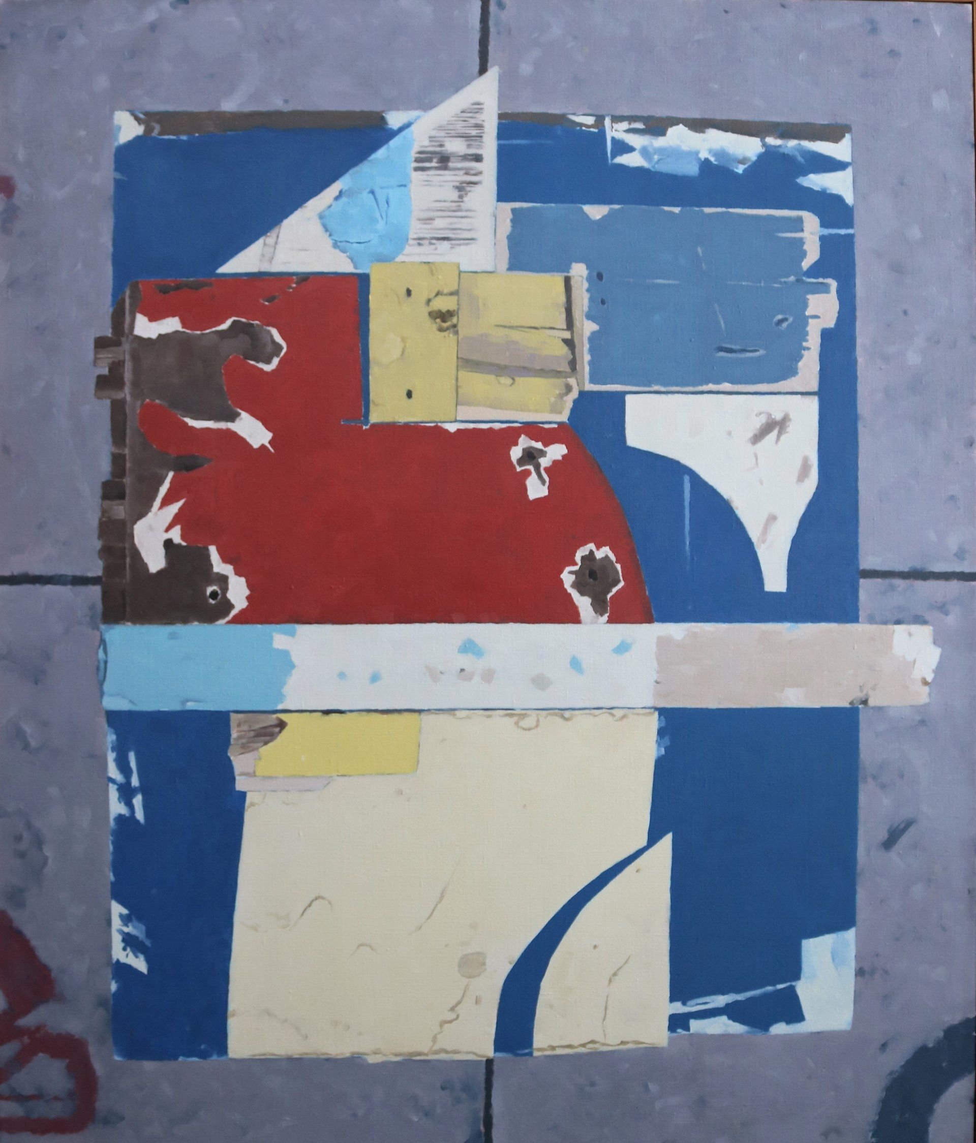 Ein Gemälde auf einem gefliesten Boden hat einen roten Kreis in der Mitte