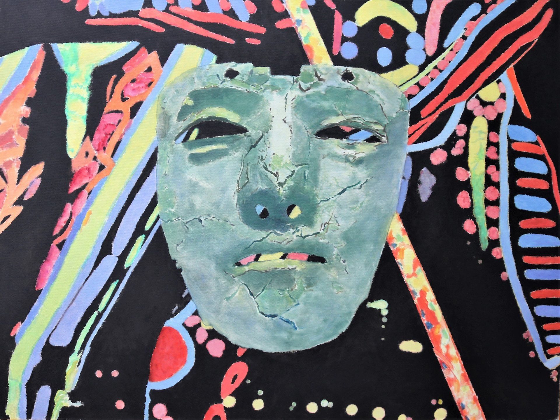 Ein farbenfrohes Gemälde eines Frauengesichts auf schwarzem Hintergrund