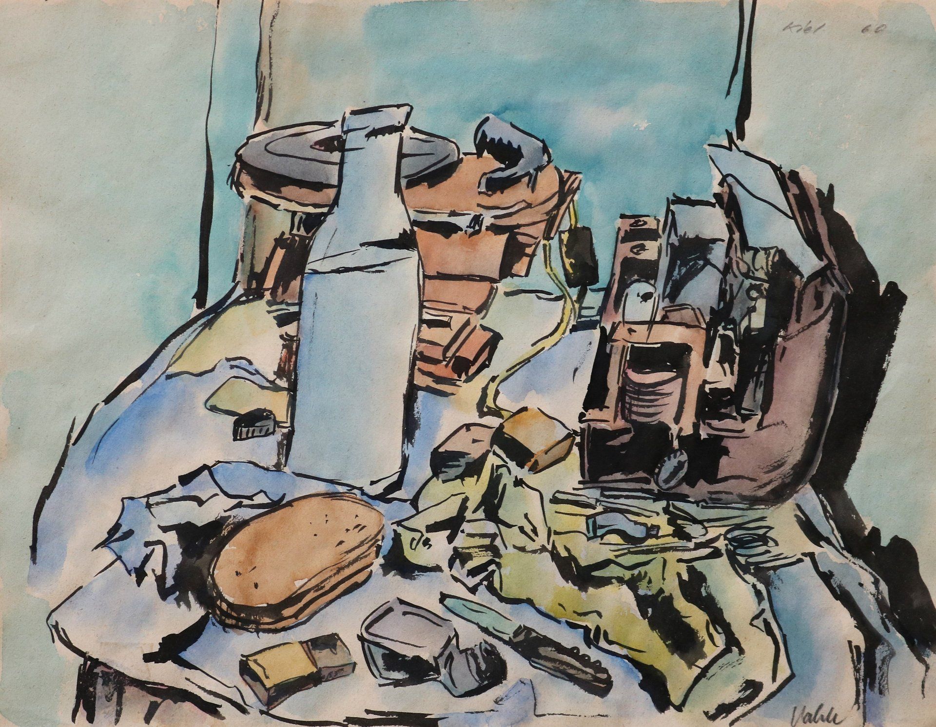 Ein Aquarell eines Tisches mit einer Flasche Milch darauf