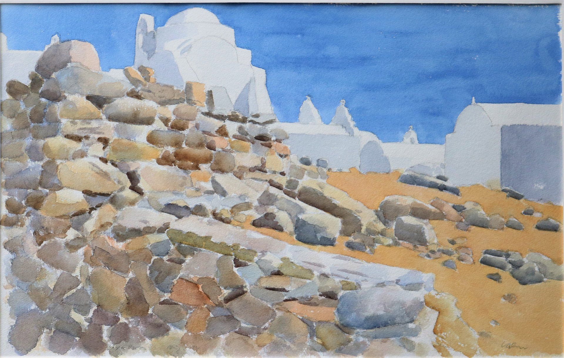 Ein Gemälde von einem felsigen Hügel mit einem blauen Himmel im Hintergrund