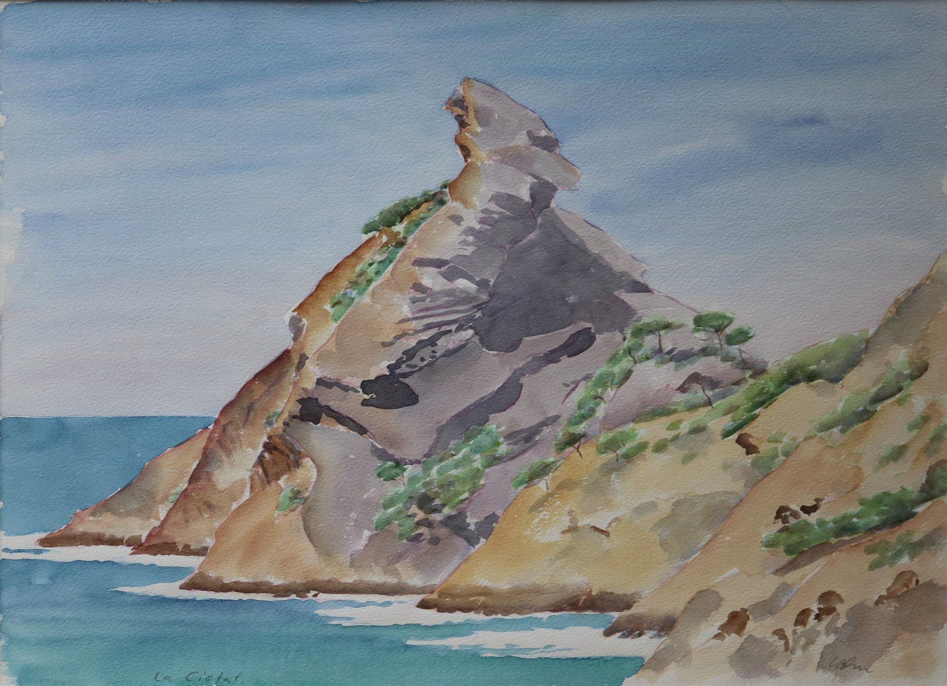 Ein Aquarell einer Klippe mit Blick auf den Ozean