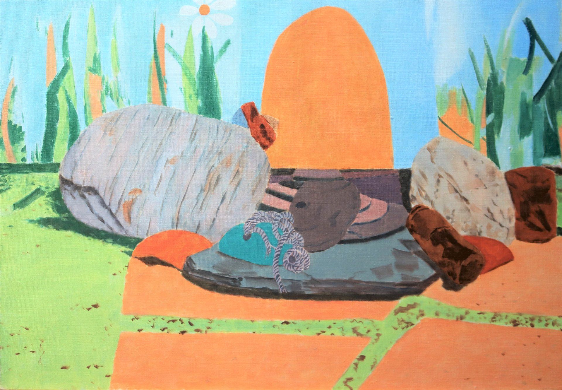 Ein Gemälde einer Gruppe von Felsen auf einem Feld.