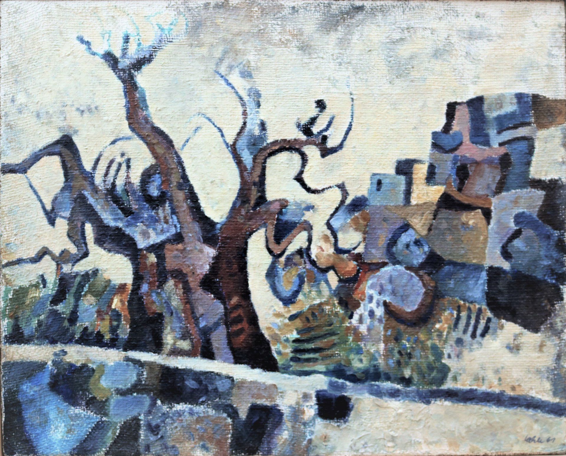 Ein Gemälde einer Landschaft mit Bäumen und Gebäuden