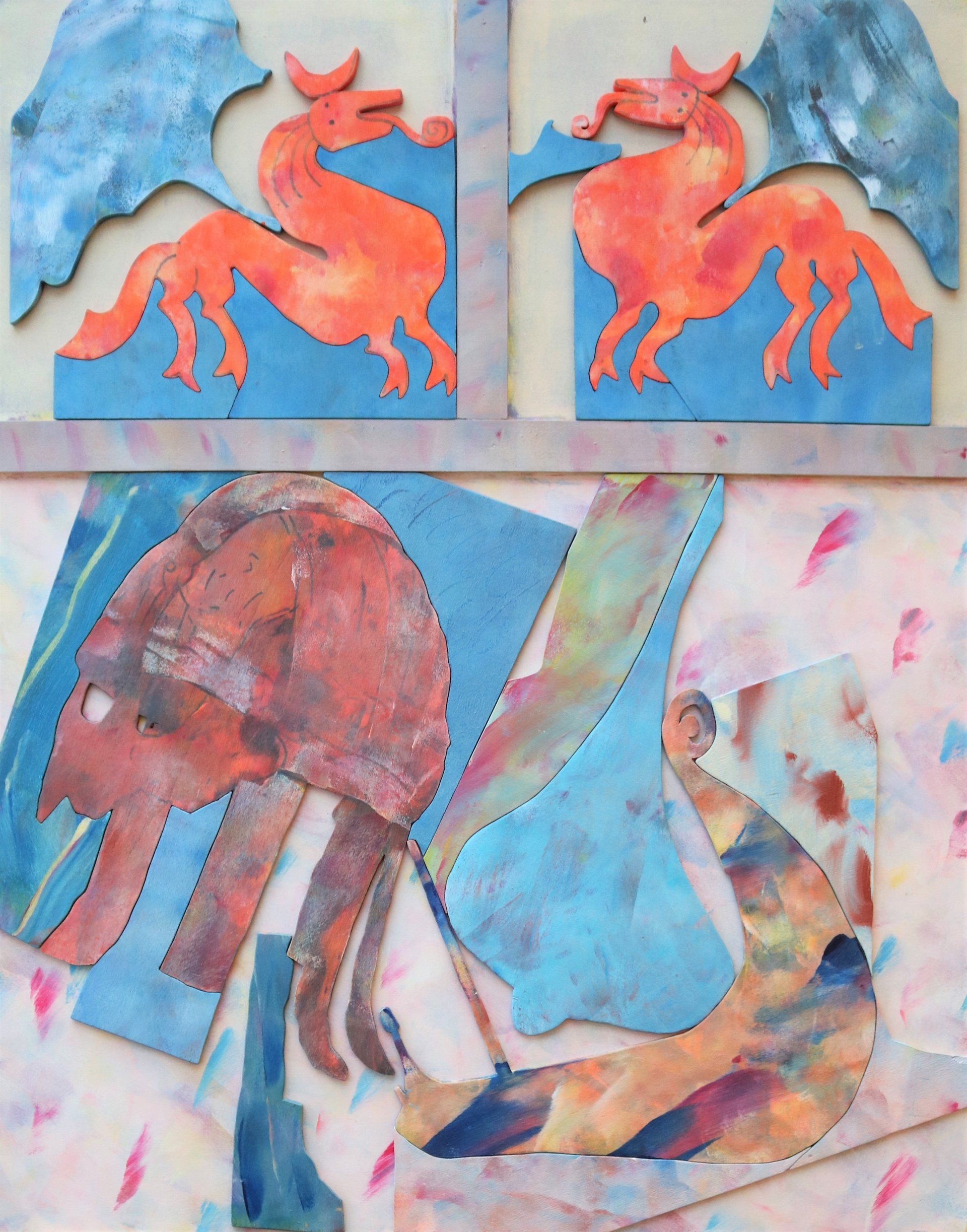 Ein Gemälde von einem Elefanten und einem Drachen auf blauem Hintergrund