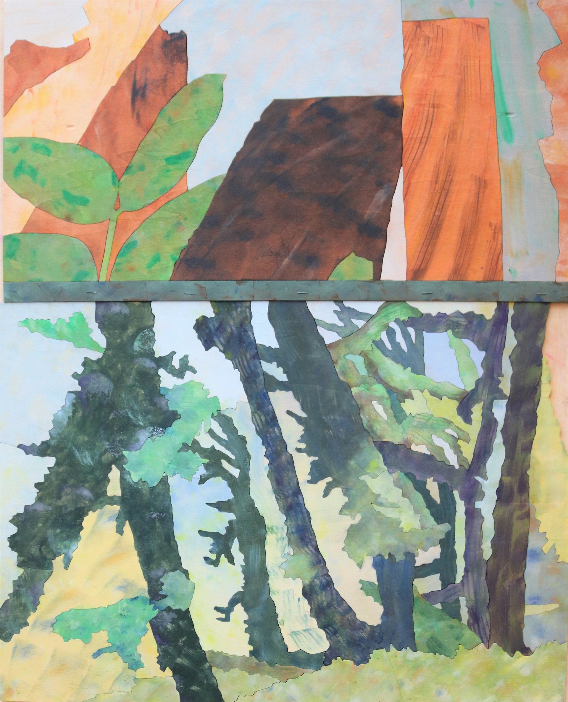 Ein Gemälde von Bäumen mit einem Dach im Hintergrund