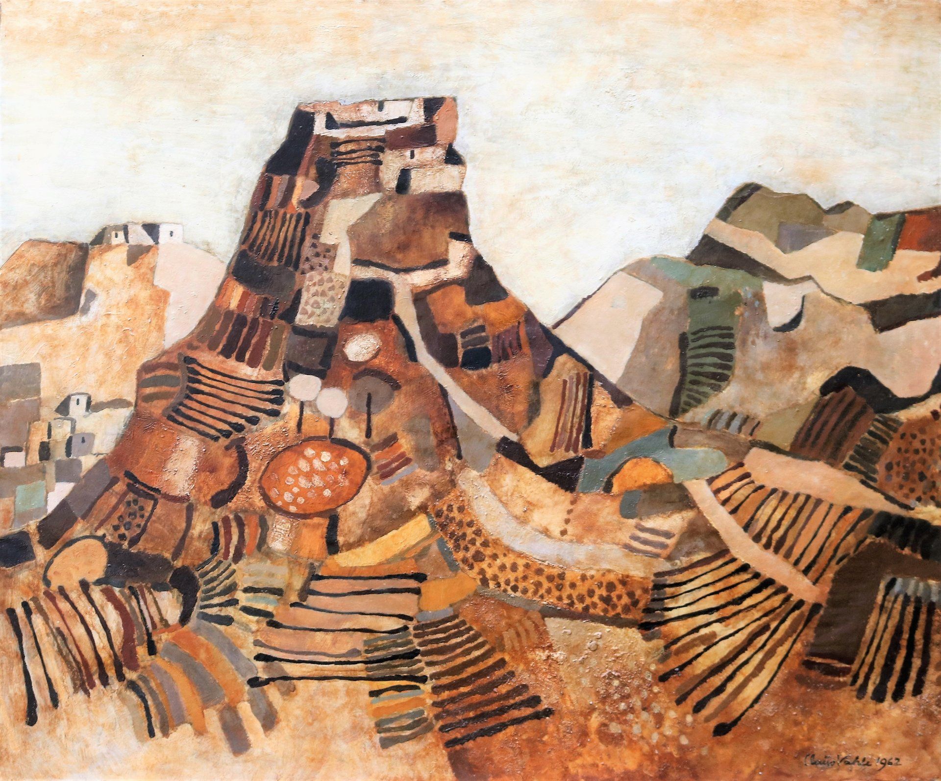 Ein Gemälde einer Landschaft mit Bergen im Hintergrund