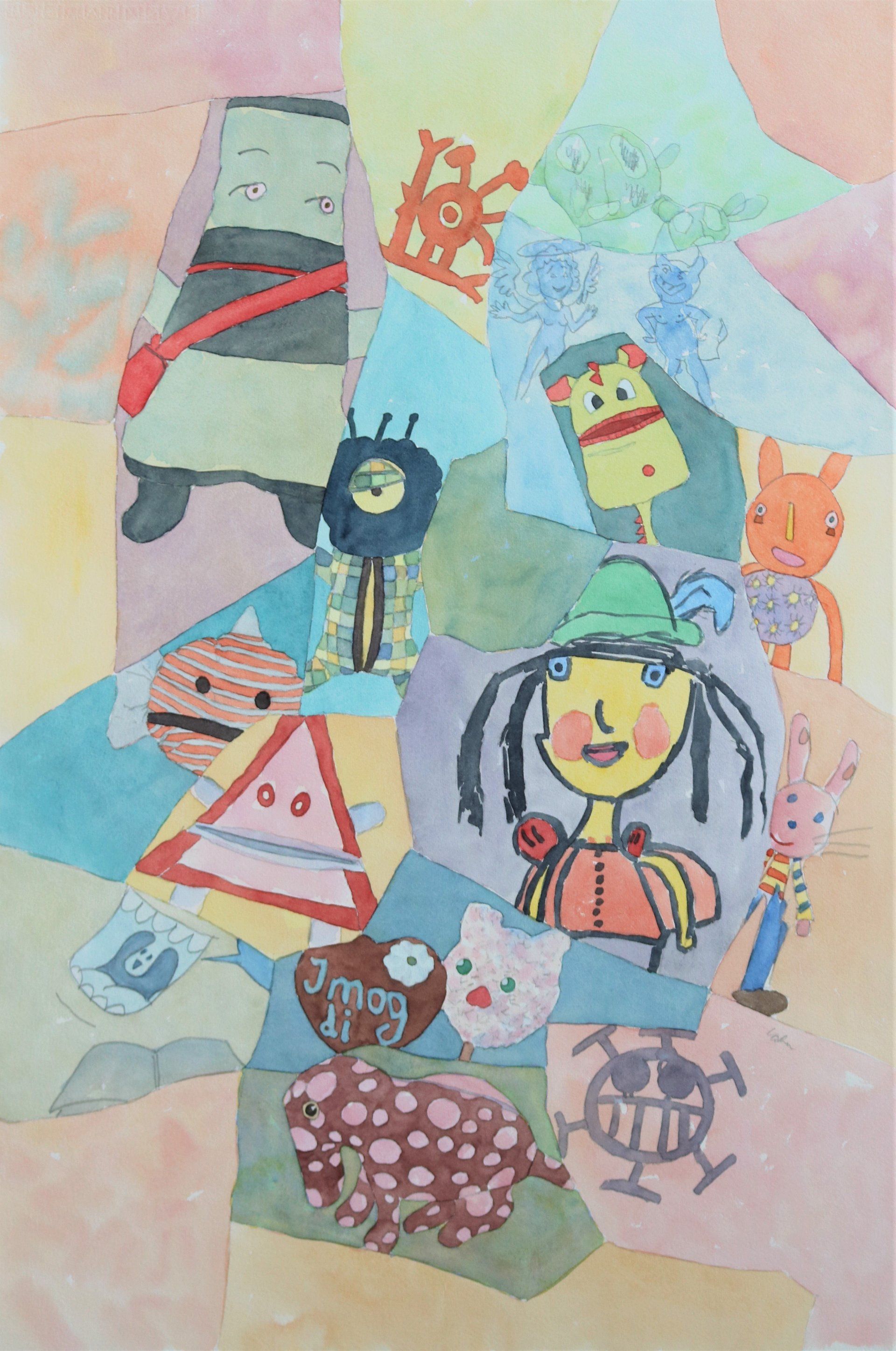 Eine Kinderzeichnung eines Mädchens, umgeben von Tieren und Zeichen