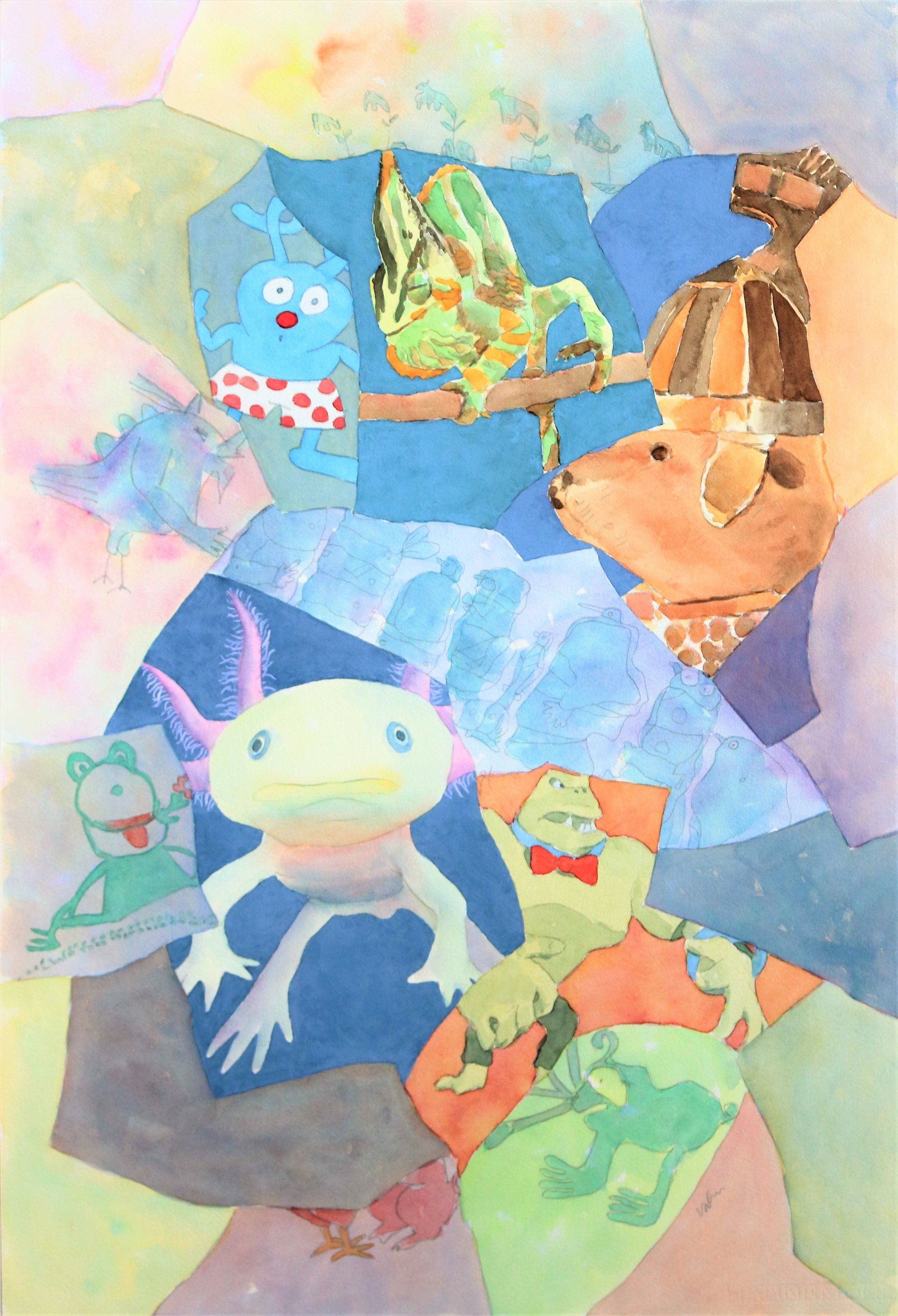 Eine Collage aus Tieren, darunter ein Axolotl, Frösche, ein Chamäleon und ein Hund.