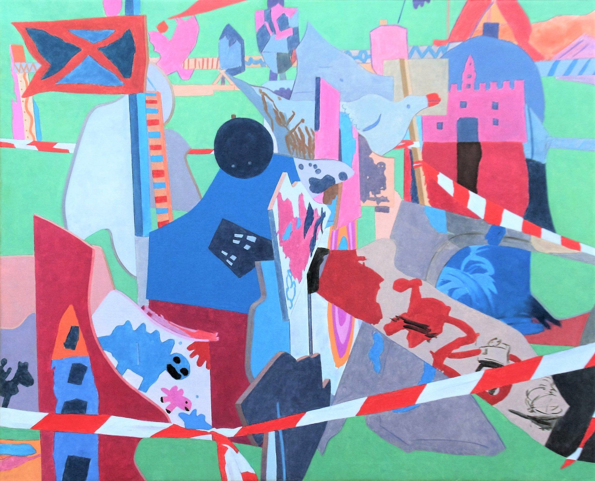 Ein buntes Gemälde mit einem rot-weiß-blauen Band darum