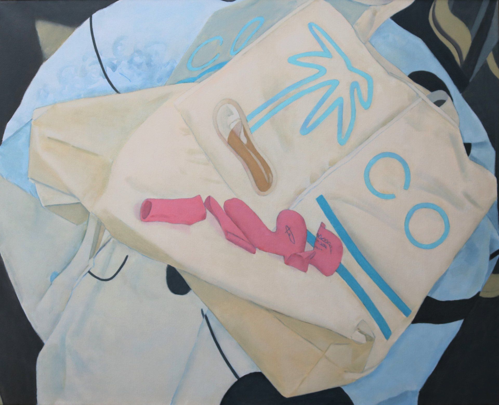 Ein Gemälde einer Einkaufstasche mit dem Buchstaben C darauf