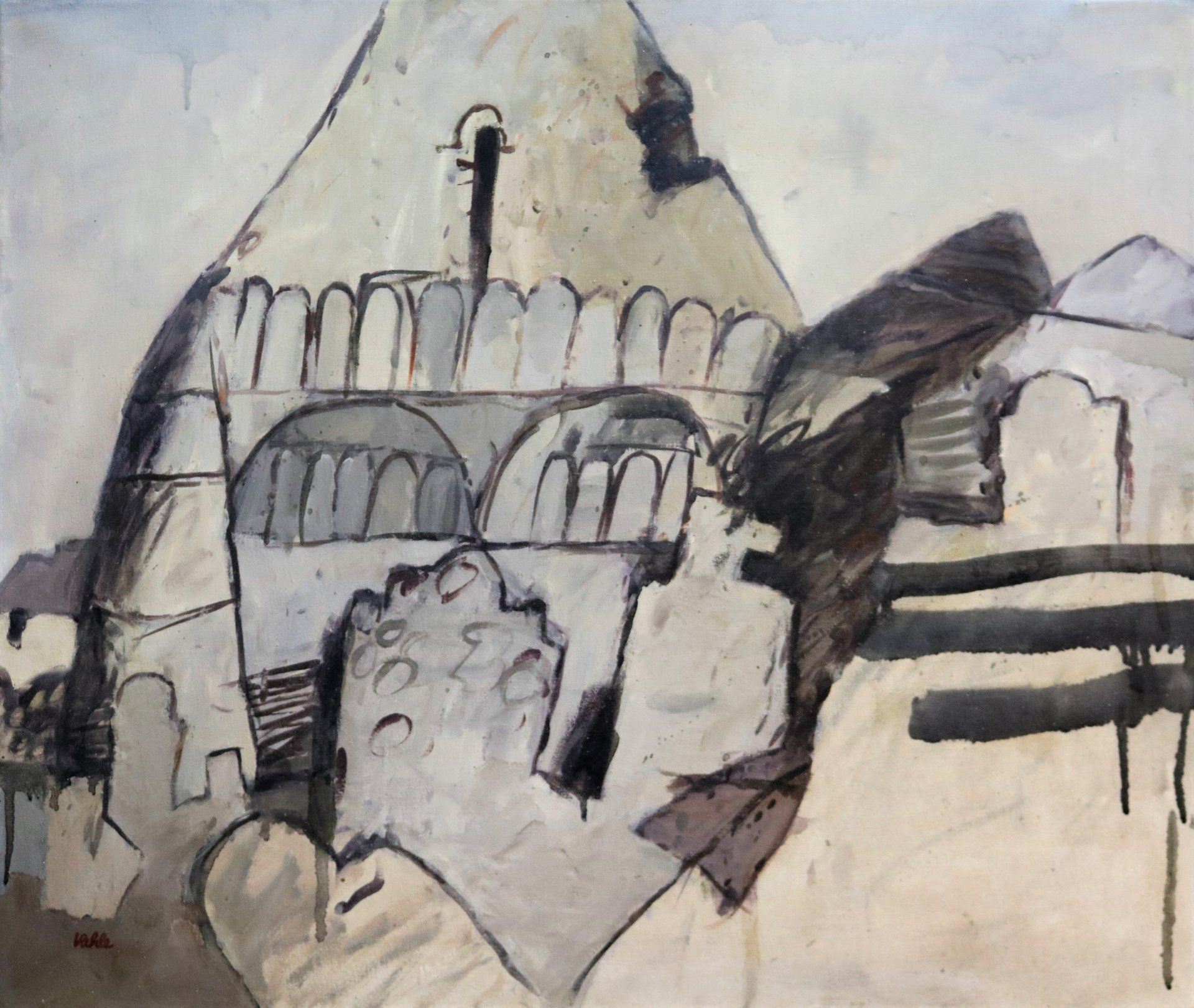 Ein Gemälde eines Gebäudes mit einem Turm darauf