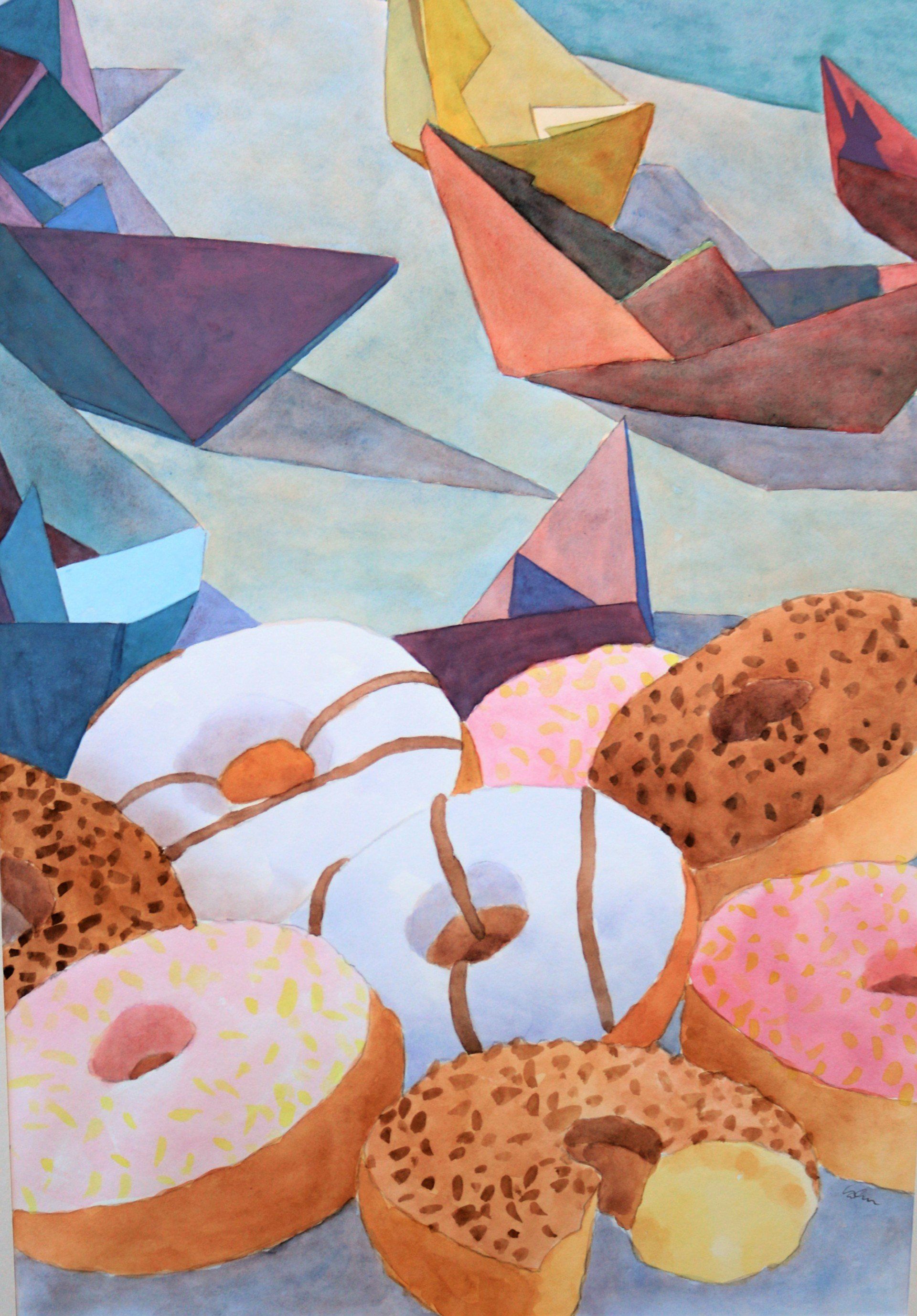 Ein Gemälde von Donuts mit einem Boot im Hintergrund