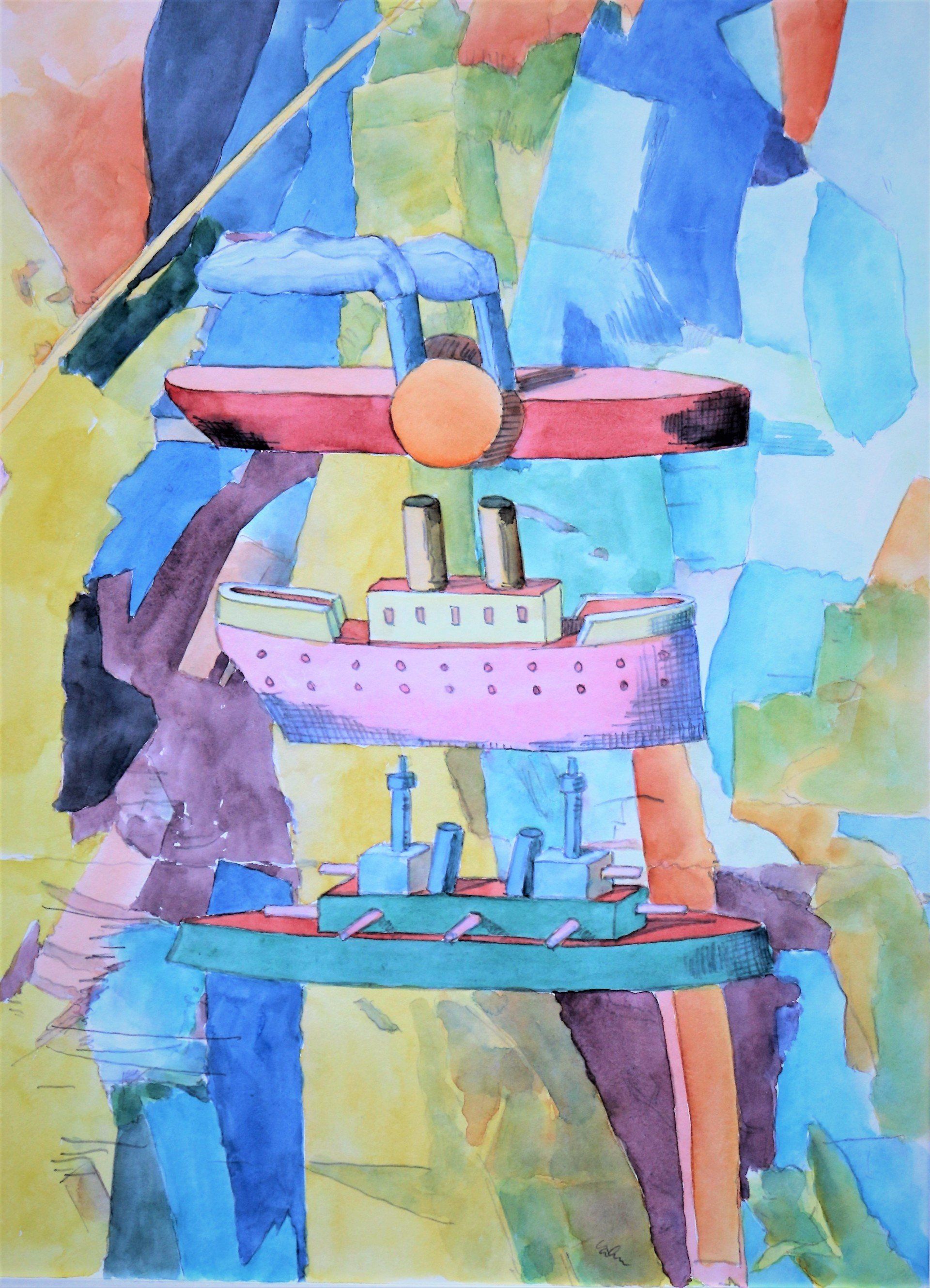 Ein Aquarell von einem Stapel Spielzeugboote