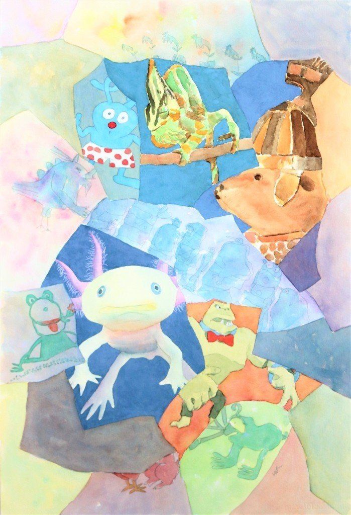 Ein Gemälde von Fröschen und einem Axolotl auf blauem Hintergrund