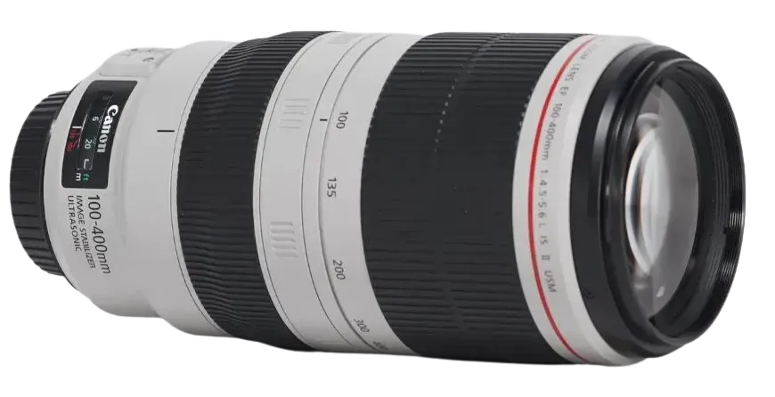 Se muestra una lente Canon sobre un fondo blanco.