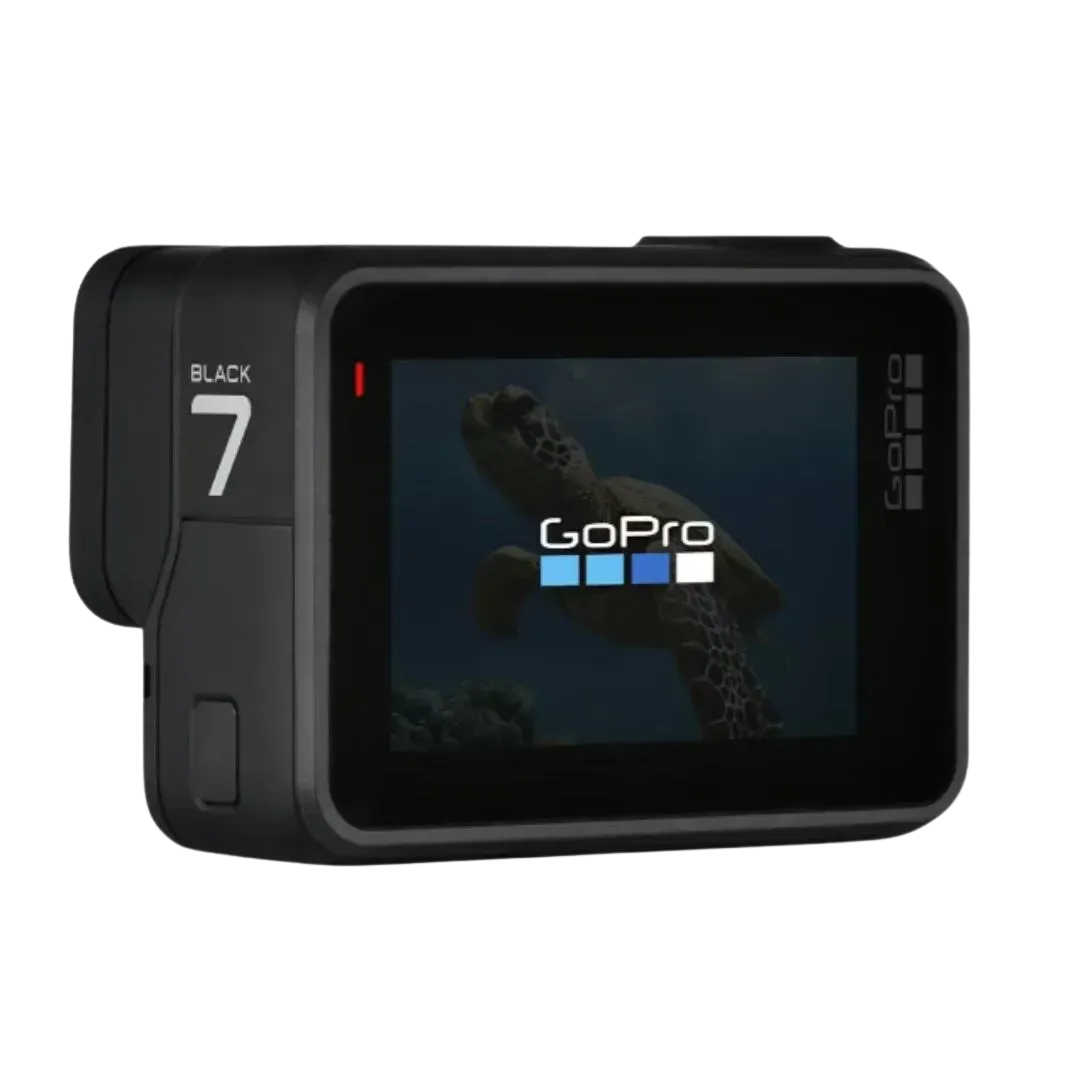 Una cámara de acción GoPro Hero 7 Black con una tortuga en la pantalla.