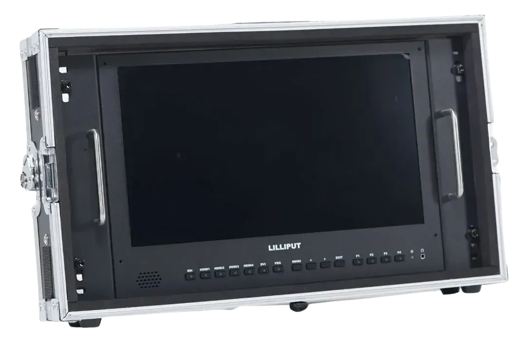 Un monitor de computadora está dentro de un estuche sobre un fondo blanco.