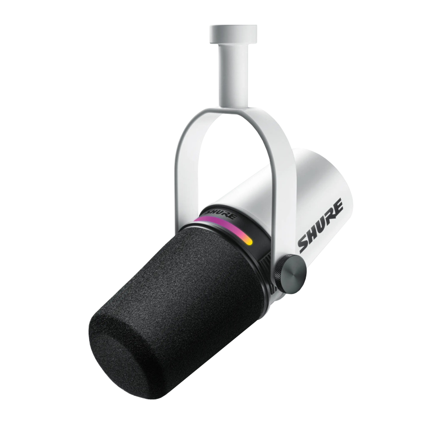 Un micrófono Shure cuelga del techo.