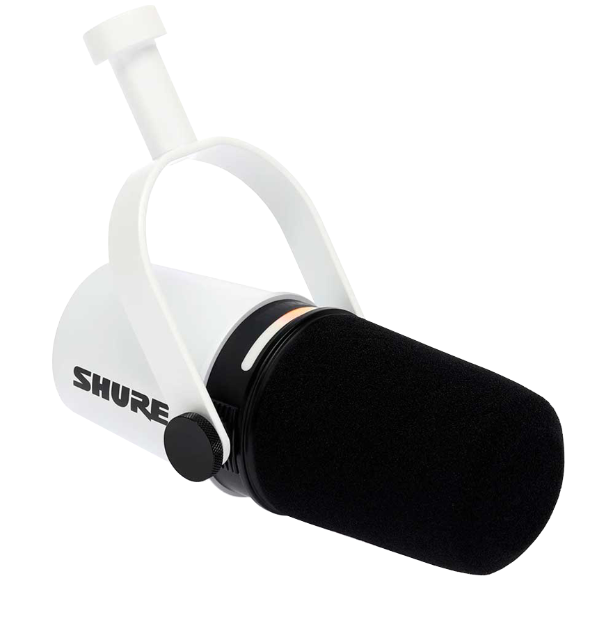 Un micrófono Shure blanco con espuma negra.