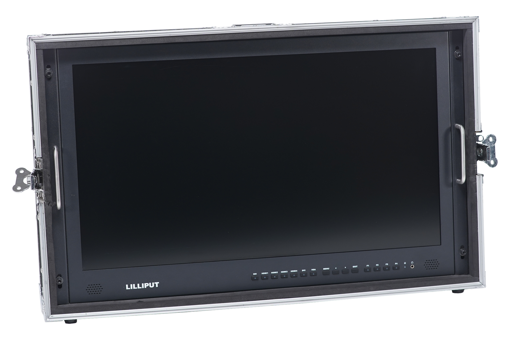 Un monitor de computadora en un estuche que dice 'lg'