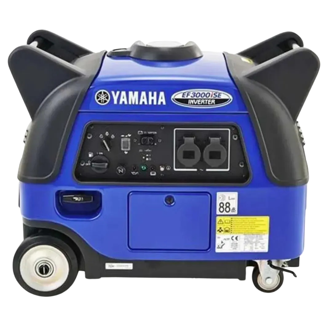 Un generador Yamaha azul y negro con ruedas.