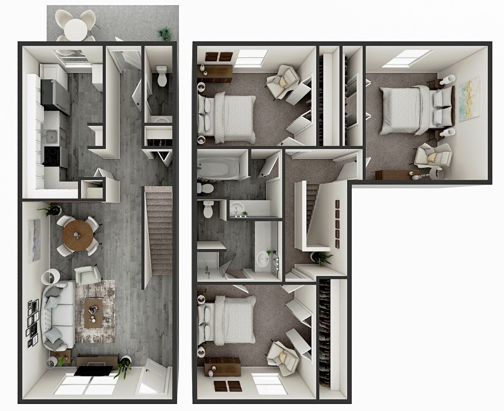 Floor plan: 3-bedroom apartment with open living/dining, carpeted floors, and multiple closets.