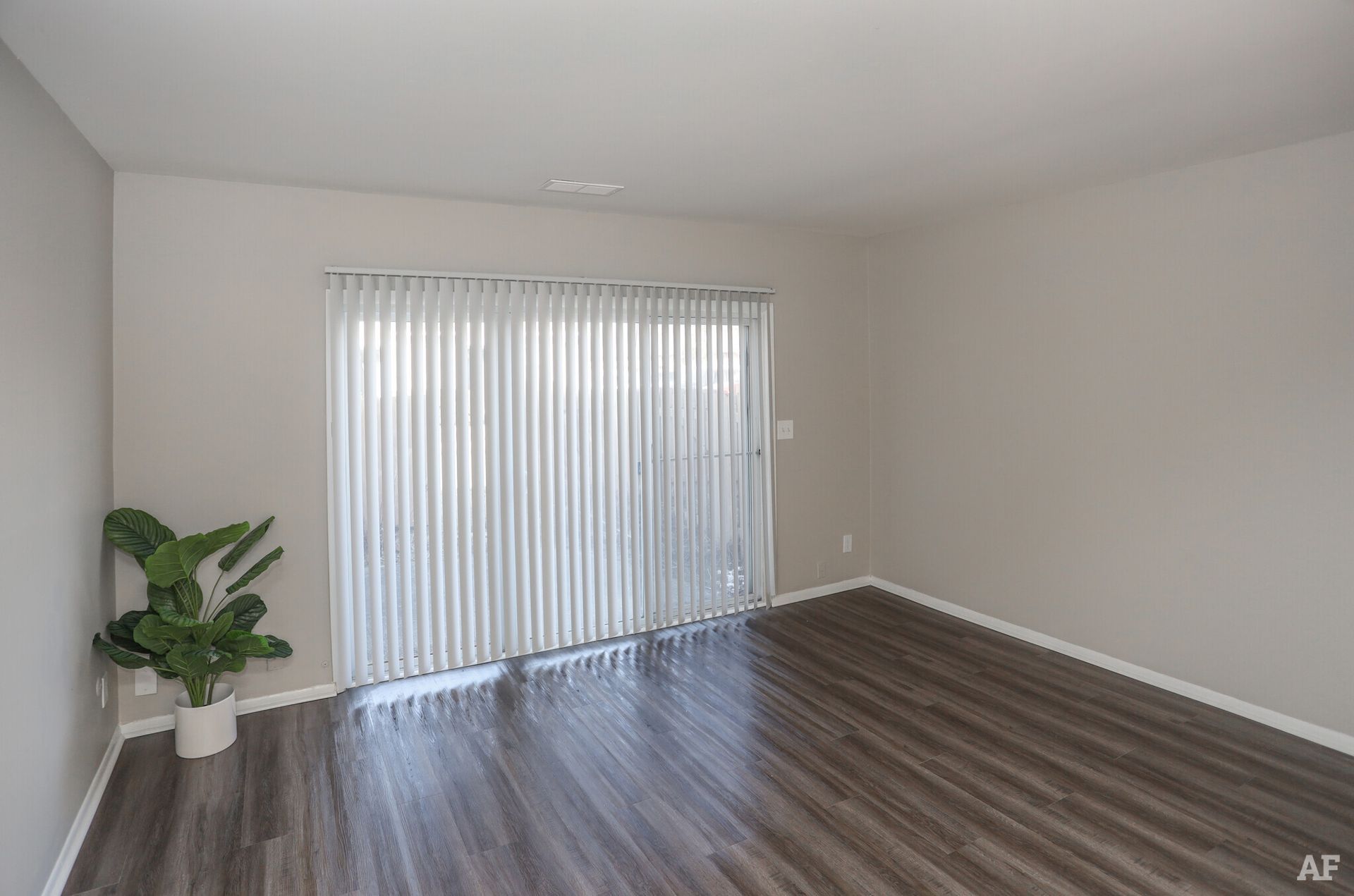 Empty room with wood-look floor, vertical blinds, and a potted plant by the sliding glass door.