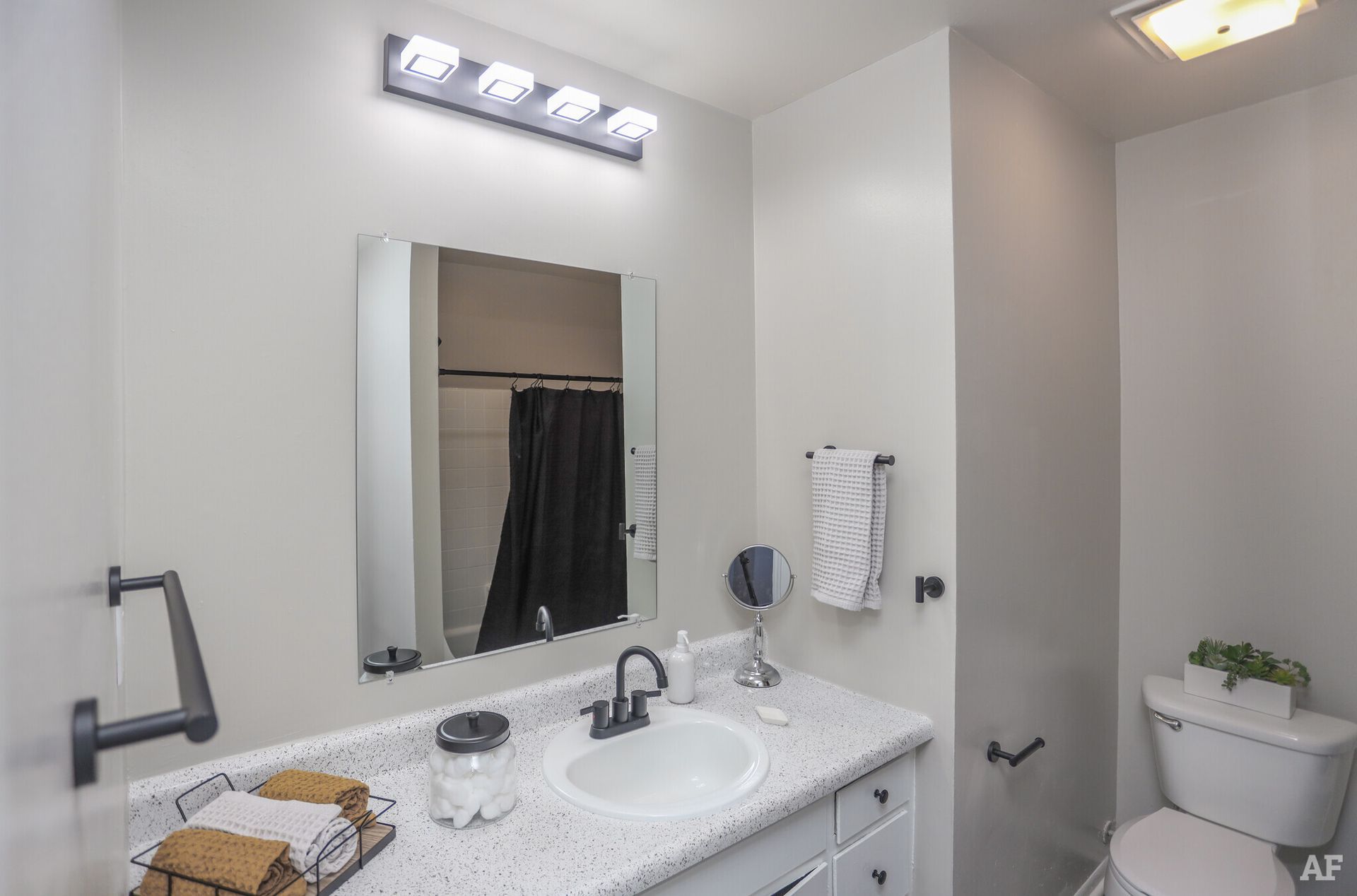 Bathroom with light grey walls, a white vanity, black fixtures, and a toilet.