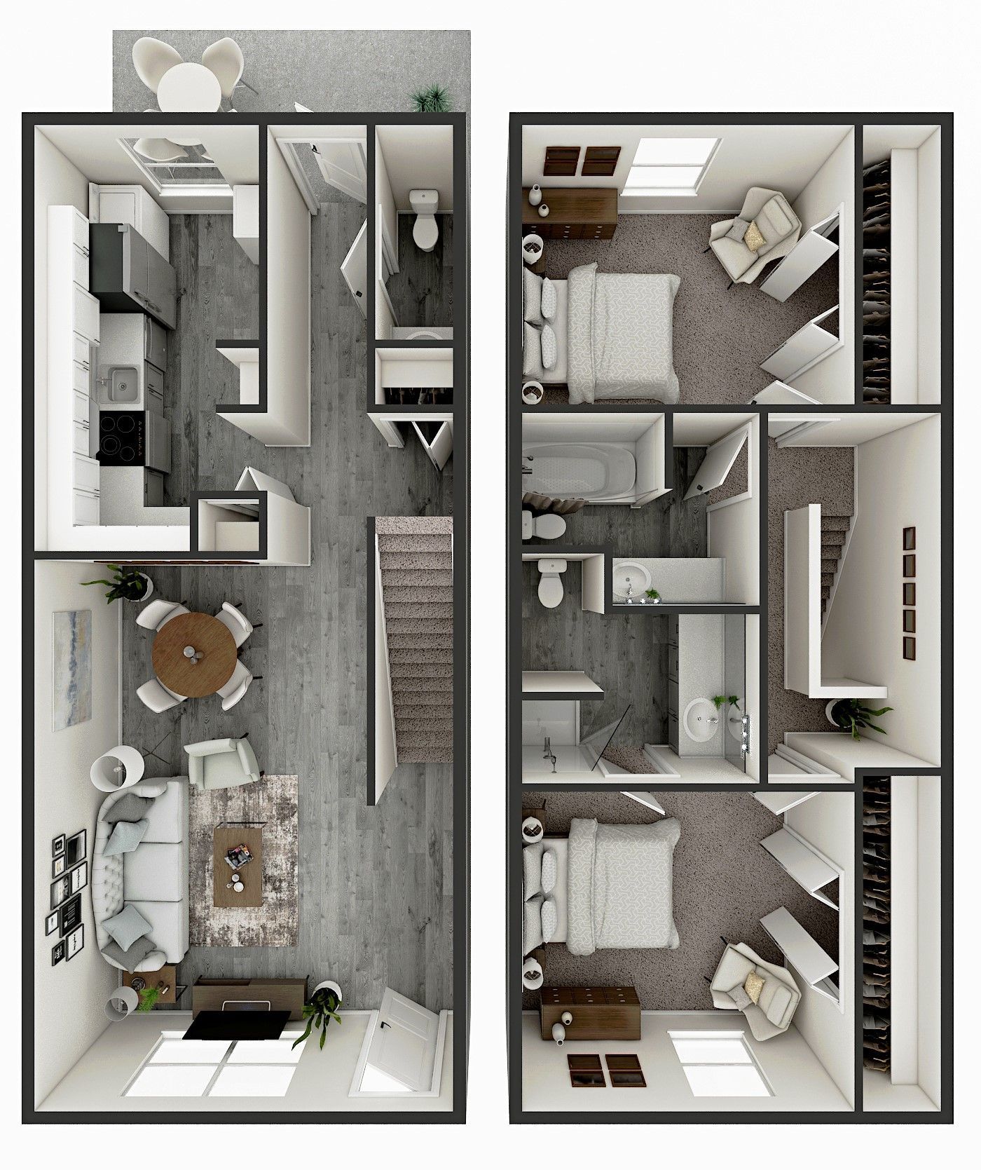 Floor plan of a modern apartment with two bedrooms, a kitchen, and a living area, in gray tones.