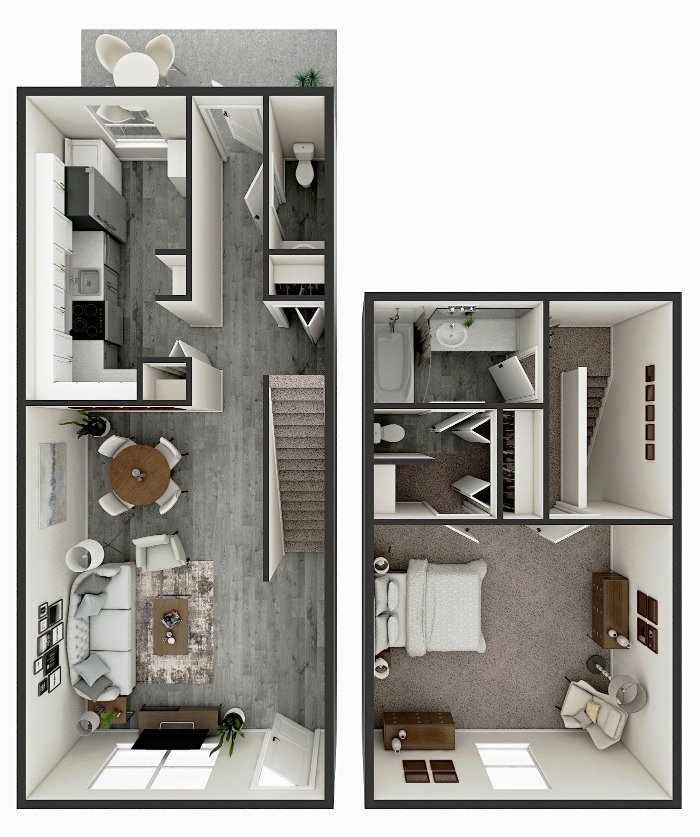 Apartment floor plan: bedroom, bathroom, kitchen, living/dining area, with gray and white decor.