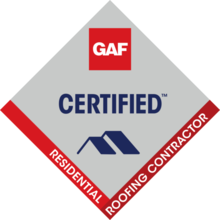 GAF Certified Residential Roofing Contractor badge: silver diamond, red border, blue roof icon, red GAF logo.