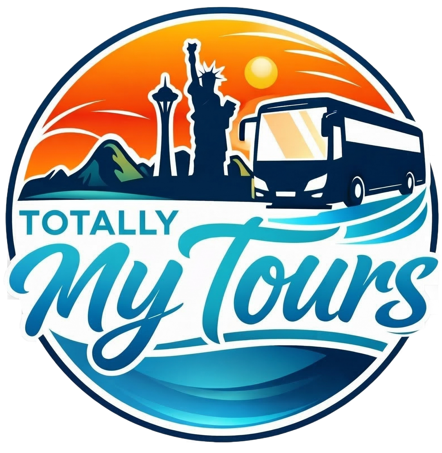 Totally My Tours logo with orange sky, blue waves, skyline, and a bus