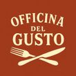 Logo per Officina del Gusto, con testo sopra forchetta e coltello incrociati su sfondo marrone.