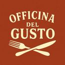 Logo per Officina del Gusto, con testo e forchetta e coltello incrociati su sfondo marrone.