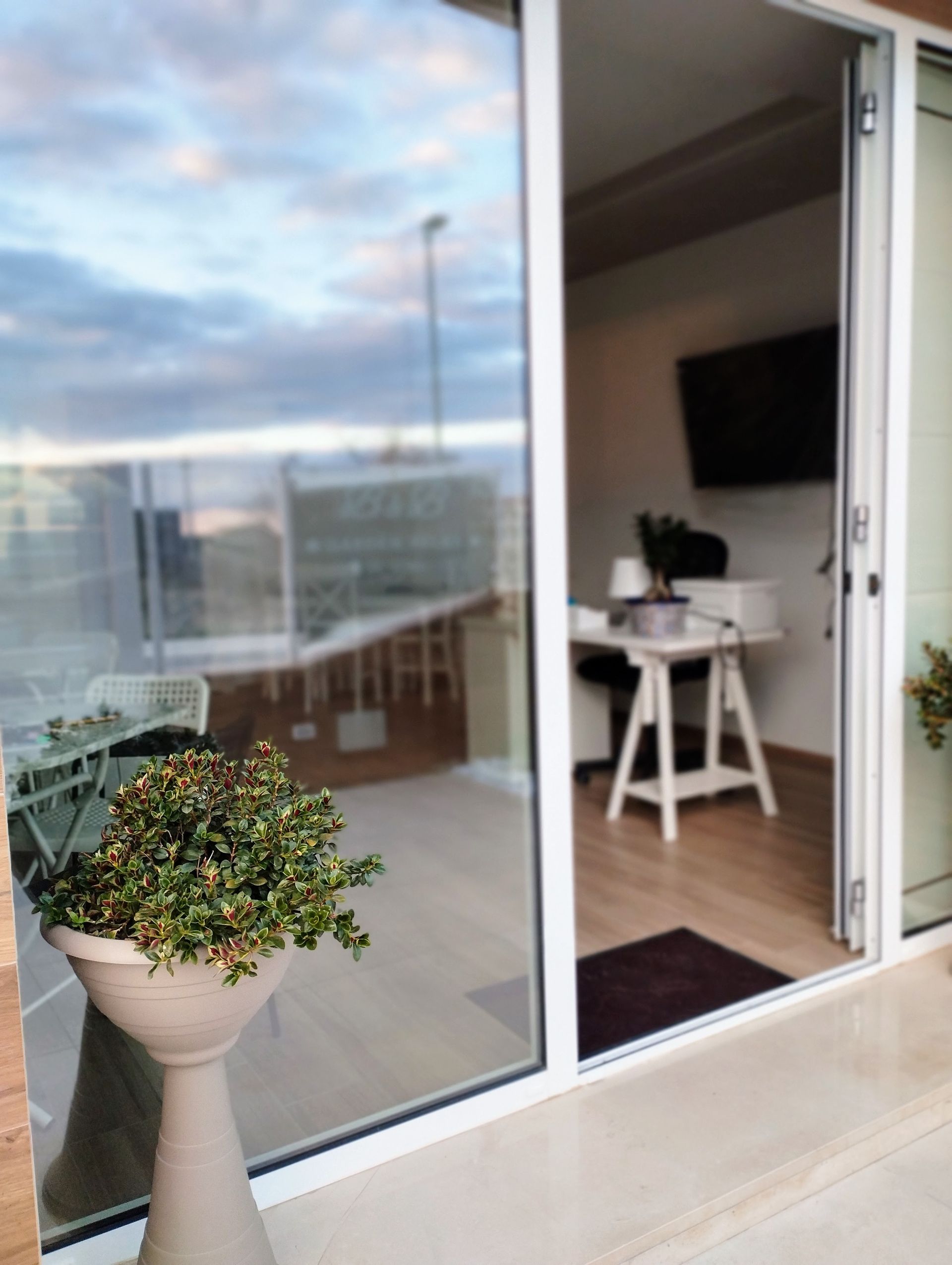Attraverso una porta scorrevole in vetro si può ammirare un balcone con una pianta e un ufficio interno con scrivania e TV.
