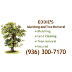Logo for Eddie's Mulching and Tree Removal. Features a tree illustration and contact information.