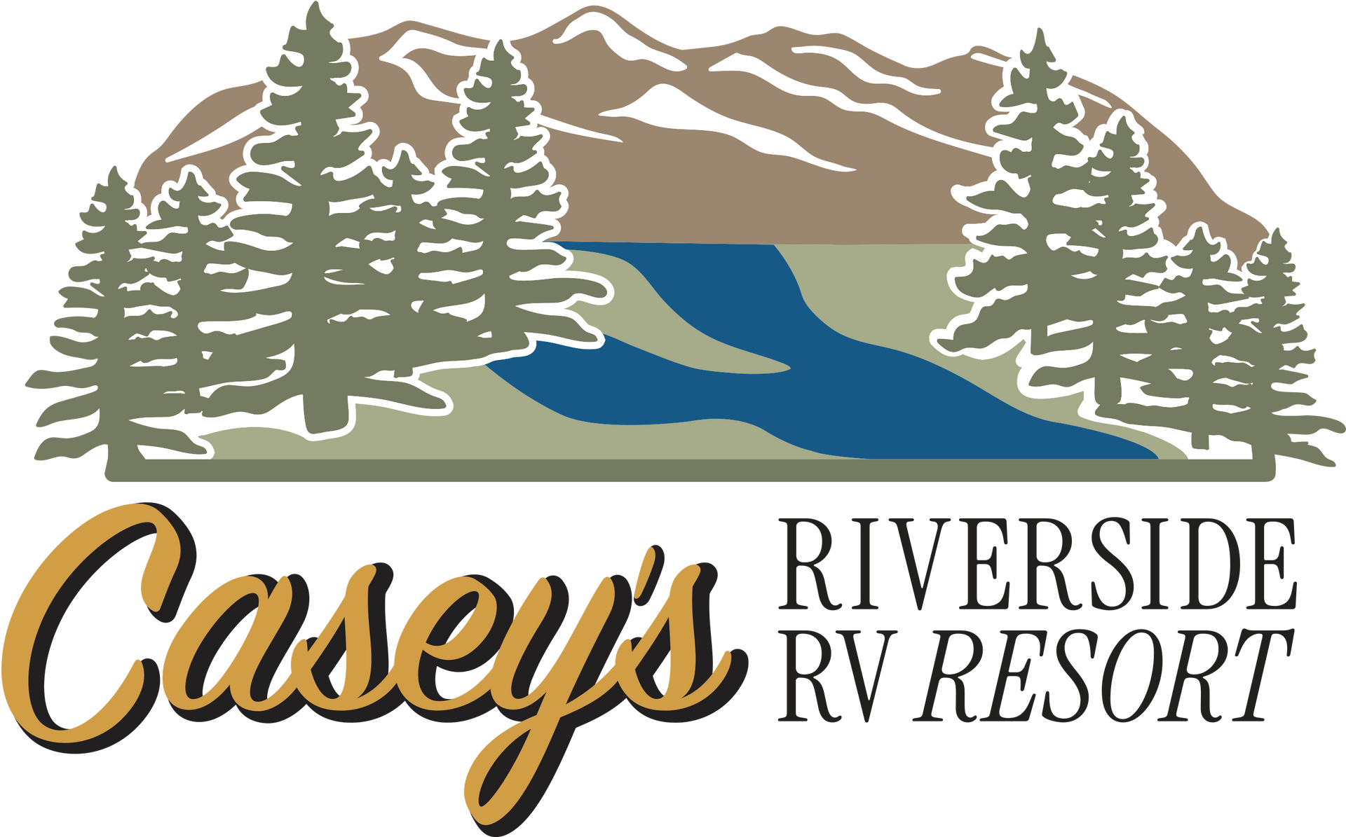 Casey's Riverside RV Resort logo: trees, river, mountains, and a stylized cursive