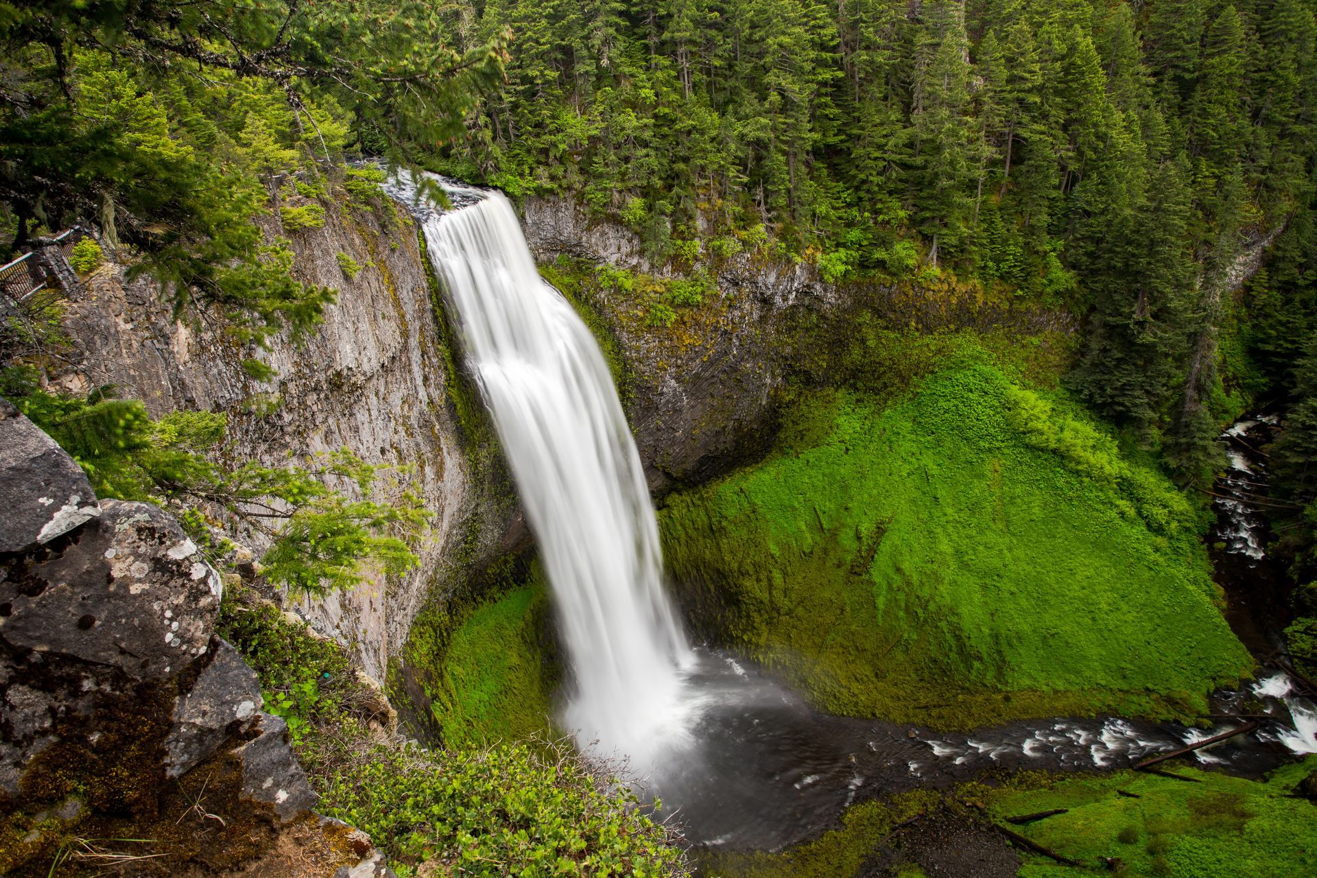 Waterfall cascading down a rock face into a pool, surrounded by lush green vegetation and forest.