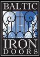 A logo for baltic iron doors with a blue sky in the background.