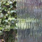 A close up of a glass window with a plant in the background.