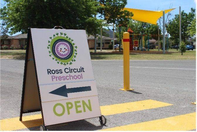 A-frame sign for Ross Circuit Preschool with an open sign, arrow, and colorful logo, on a crosswalk.