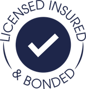 A blue circle with a check mark inside of it that says licensed insured and bonded.