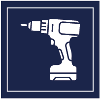 An icon of a drill on a blue background.