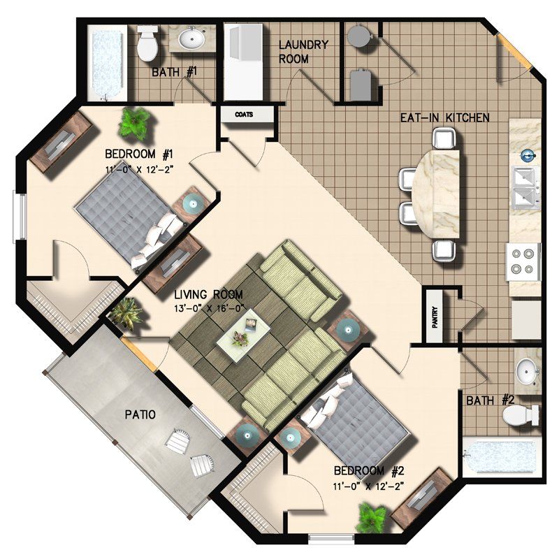 Floor Plan 1 - 2 Bedroom and 2 Bath