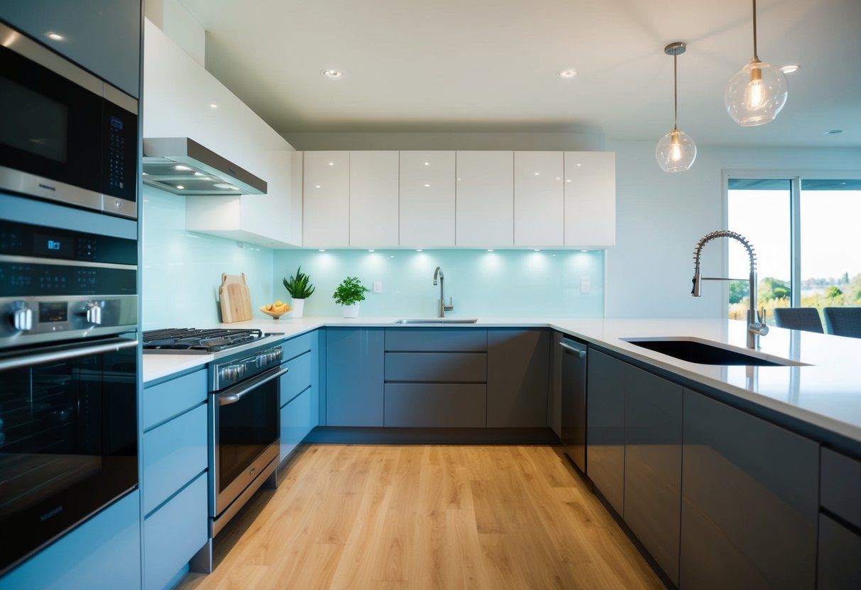 A kitchen with blue cabinets and white counter tops