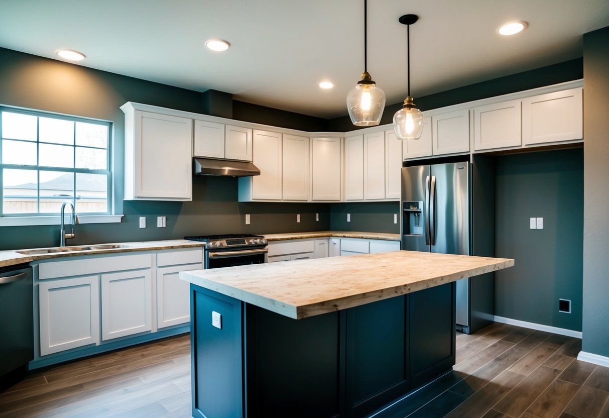 A kitchen with white cabinets , stainless steel appliances , and a large island.
