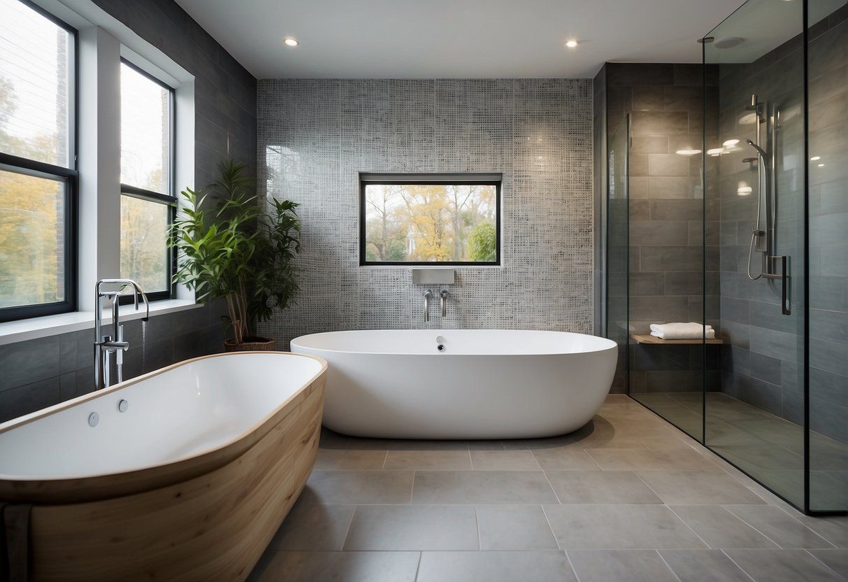 A bathroom with two bathtubs and a walk-in shower.