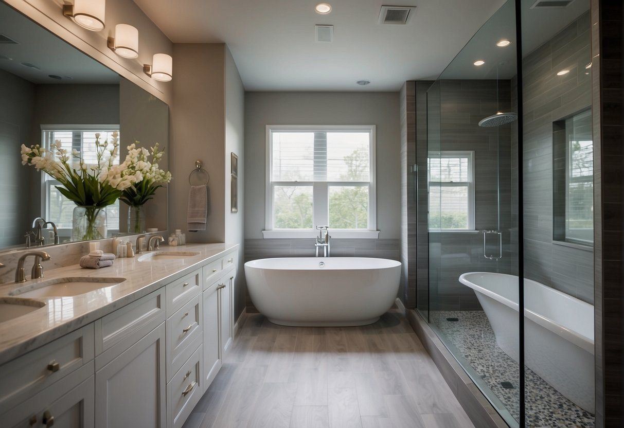 A bathroom with two sinks , a tub and a walk in shower.