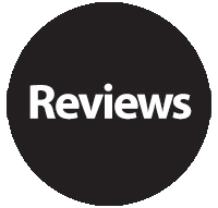 The word reviews is written in white on a black circle. The word reviews is written in white on a black circle.