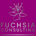 Pink logo with a silver fuchsia flower and text: